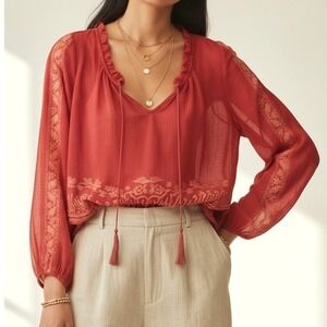 BCBGMAXAZRIA Red Embroidered Chiffon Boho Blouse Tassel Tie V-Neck Small